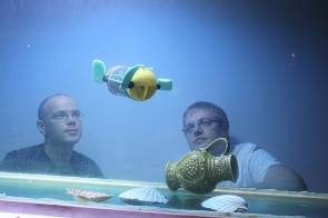 Les chercheurs estoniens Asko Ristolainen and Taavi Salumäe regardant le robot U-CAT évoluant dans un aquarium © Courtesy of Centre for Biorobotics, Tallinn University of Technology / mihkel l