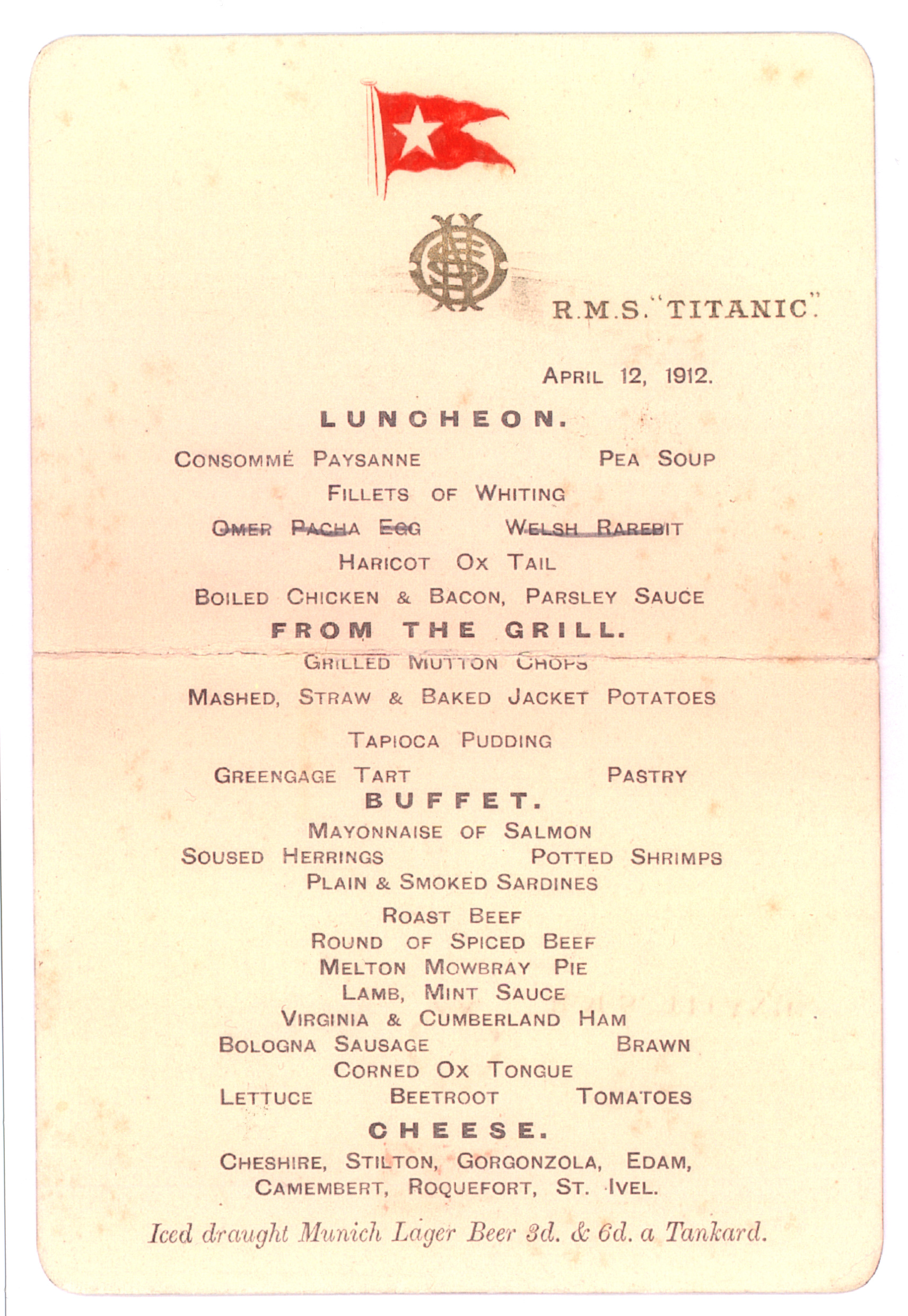 Menu du 12 avril appartenant à Elise LURETTE, domestique voyageant en 1re classe © Collection Claude ROULET