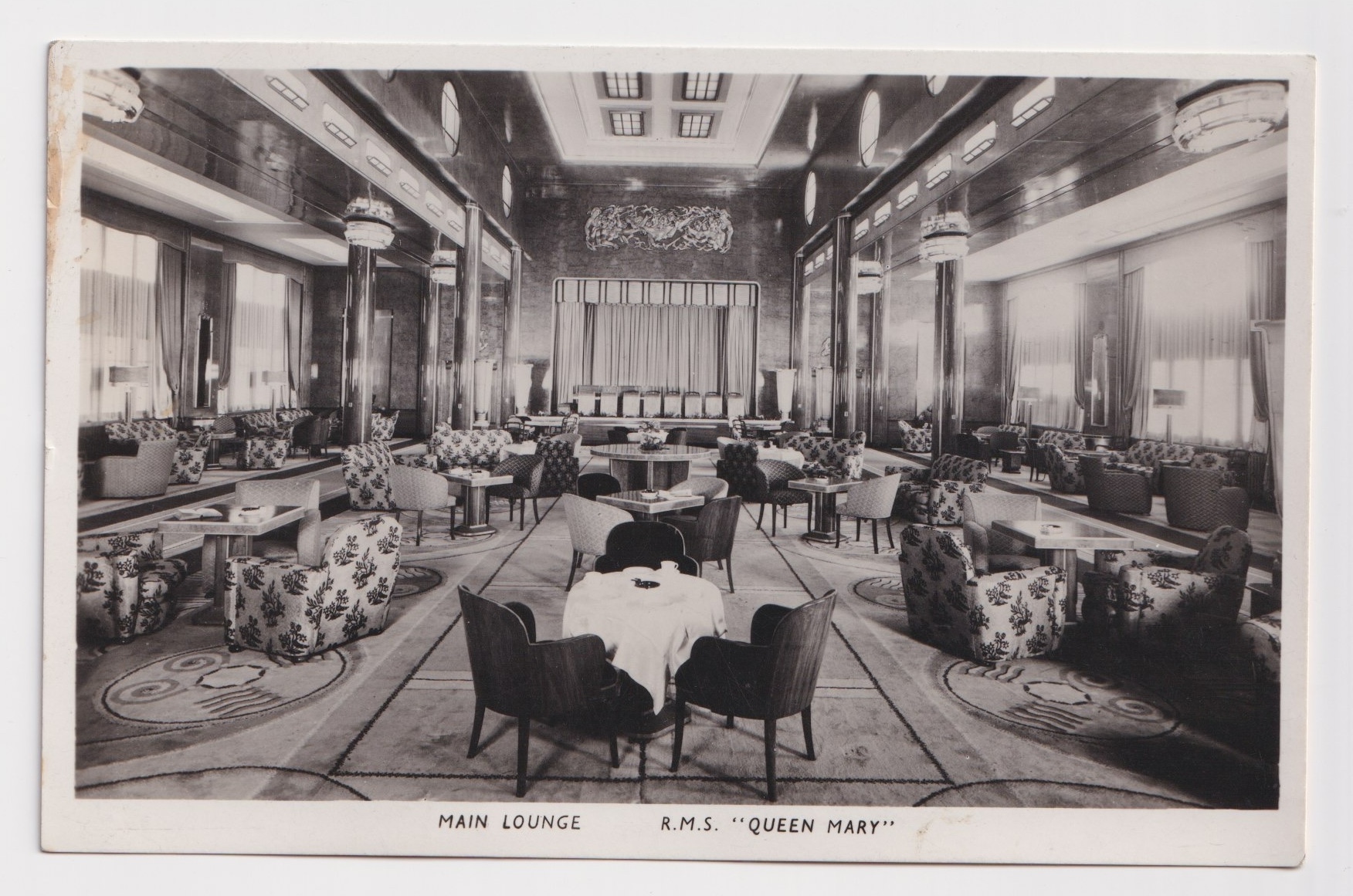 Main lounge R.M.S. _Queen Mary_ first class postcard