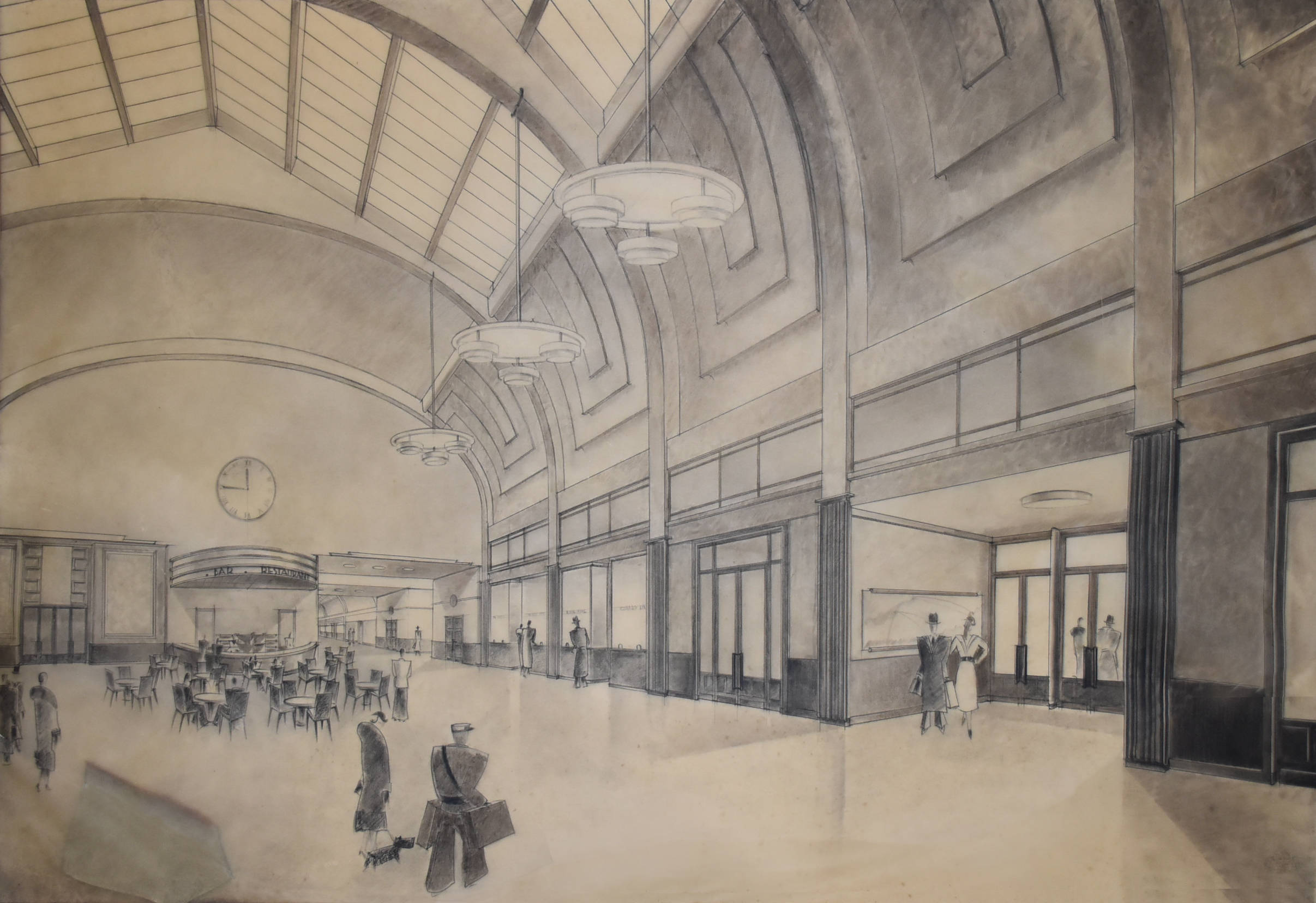Dessin du pavillon central de la Salle des Pas Perdus par l&rsquo;Atelier Marc Simon © Bibliothèque Municipale de Cherbourg-en-Cotentin