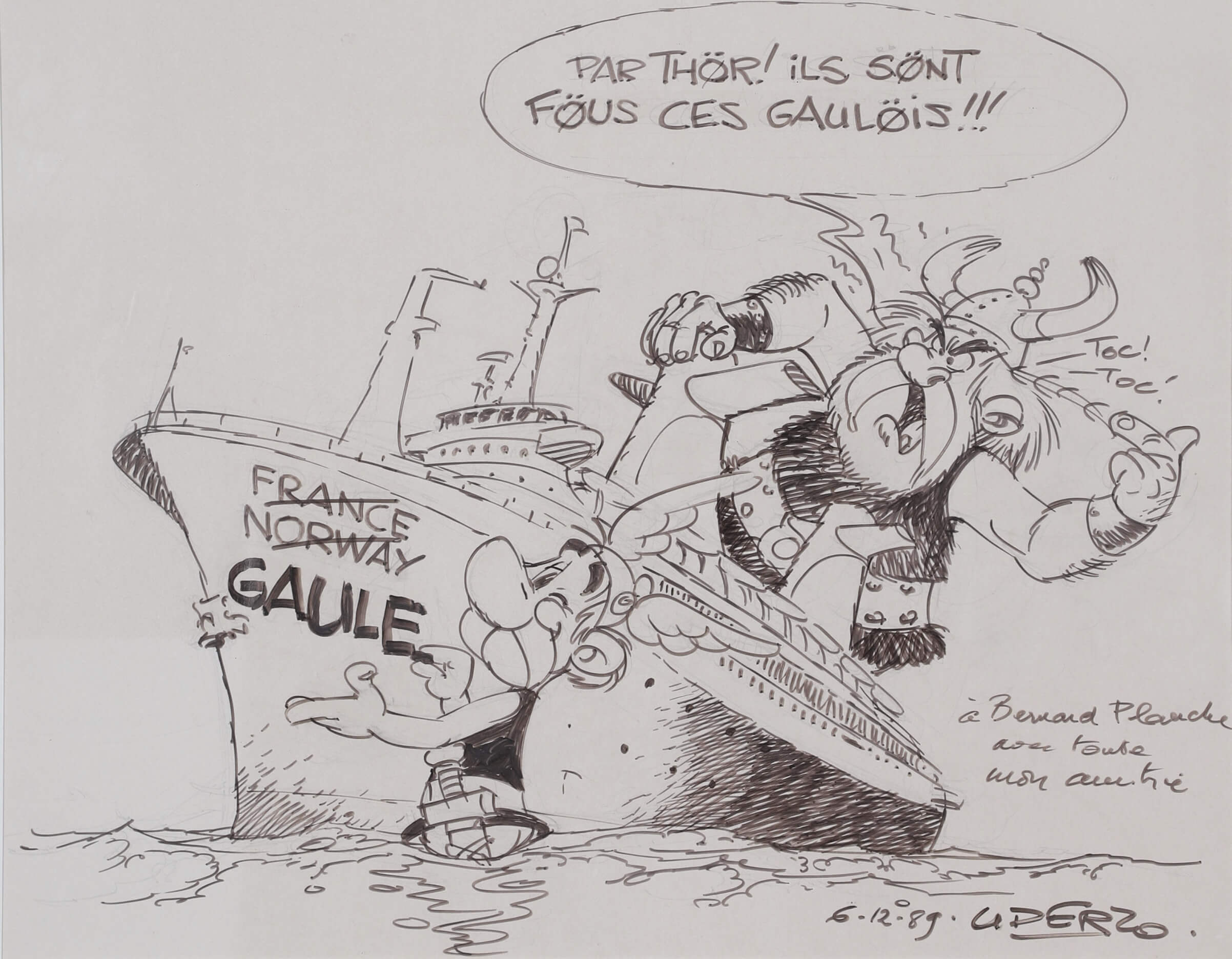Dessin réalisé par Albert UDERZO en 1989 lors d&rsquo;une croisière sur le Norway, baptisé France le temps de cette croisière. © Marco ZAVAGNO