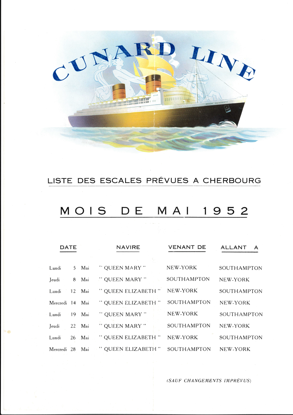 Bulletin d&rsquo;escales à Cherbourg – Cunard Line – mai 1952 © Collection CCI Ouest Normandie
