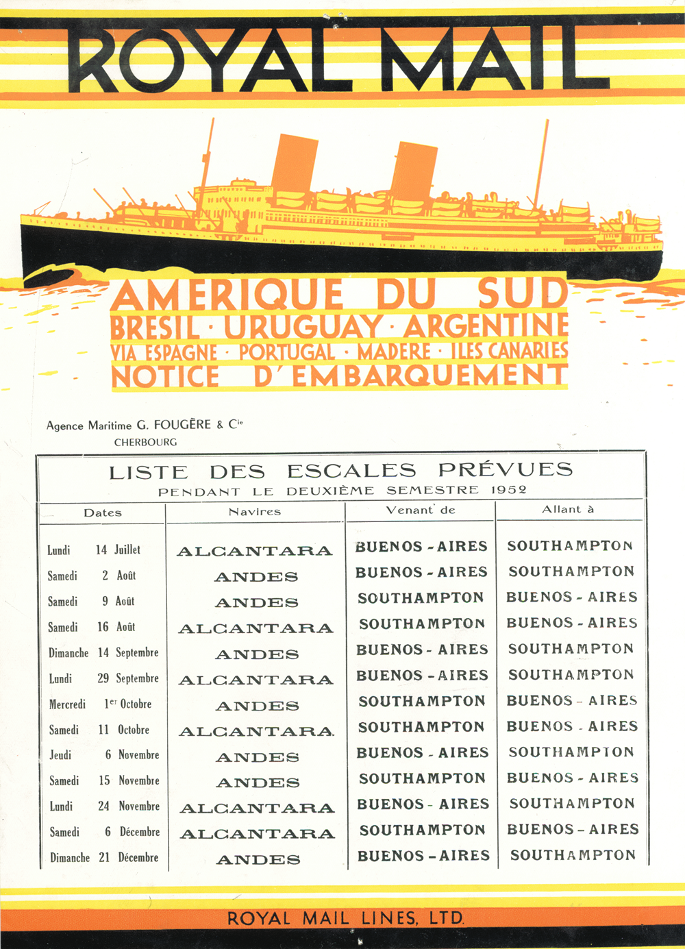 Bulletin d&rsquo;escales à Cherbourg ROYAL MAIL – juillet-décembre 1952 © Collection CCI Ouest Normandie