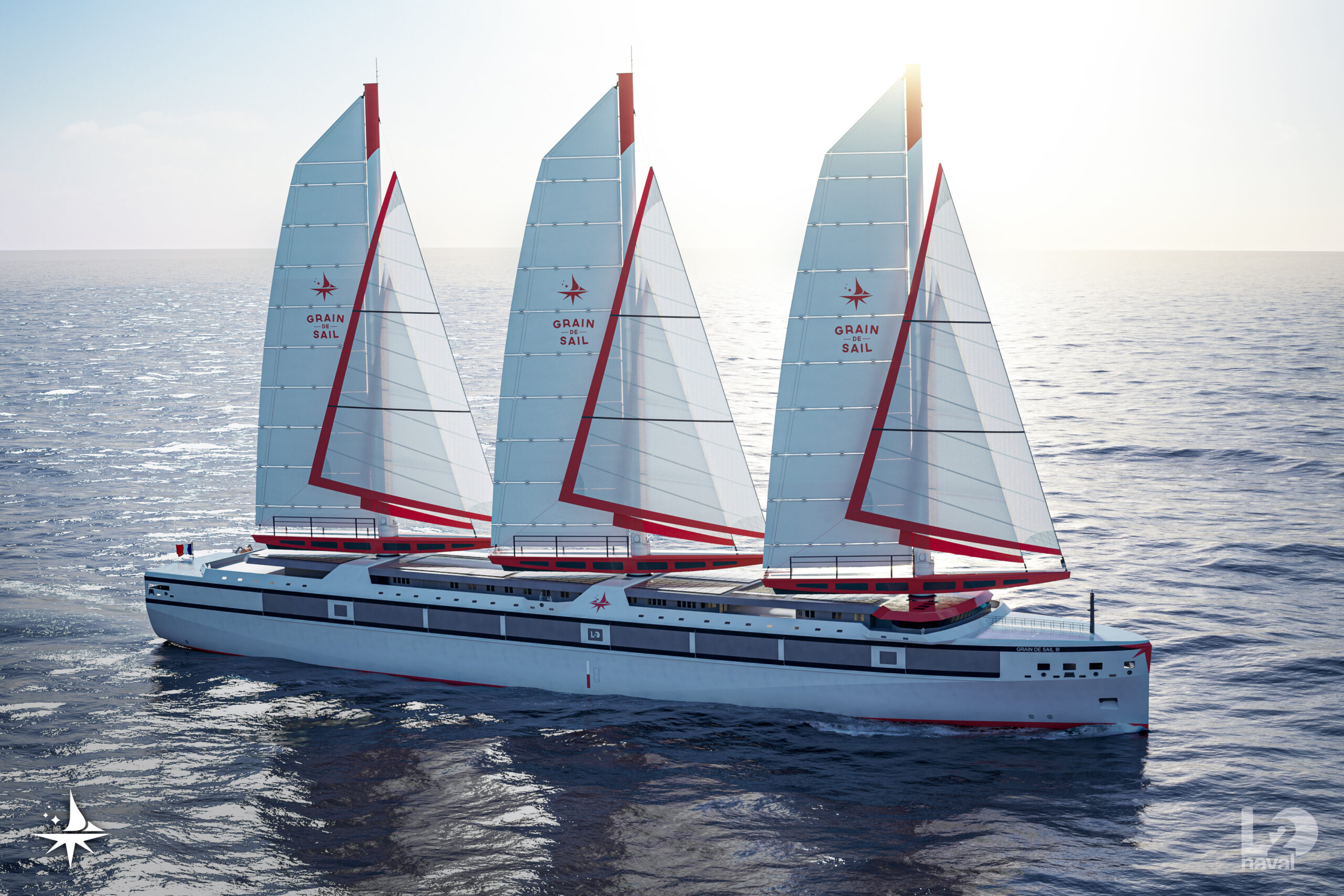 Illustration du voilier-cargo Grain de Sail 3 avec les voiles SolidSail. © L2Onaval