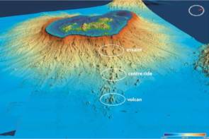 Relief sous-marin à l’est de Mayotte. En bas, l'emplacement du volcan © Mayobs3-Ifremer-CNRS-IPGP-BRGM